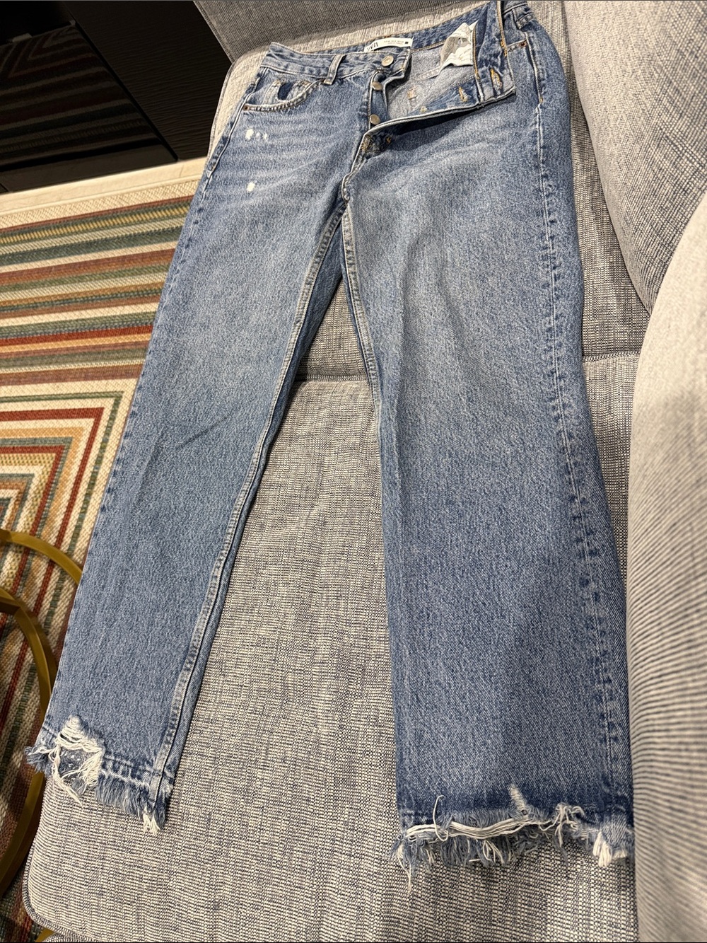 Zara Blue Straight-Leg Jeans with Distressed Hems
